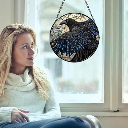 Stained Glass Window Hanging - Black Crow Big Wings Suncatcher for Doors Garden Patio Bird Sun Catchers Decor Christmas Mother's Day Birthday Gifts for Women Men Mom Nana Friend 7.8 in