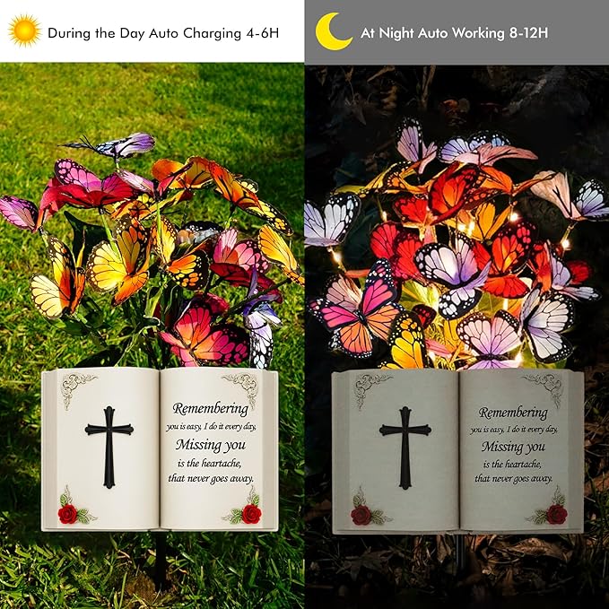 Solar Bible Cross Memorial Stake - Metal Silhouette Religious Grave Decoration for Cemetery - Flat Christian Cross Stake with Butterfly Lights - Cemetery Flower Decor for Grave, Sympathy Gift