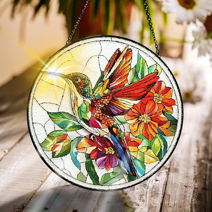 Bimkole Hummingbird Stained Glass Suncatcher Window Hanging - Flowers Design for Indoor Window or Doorway Decoration - 7.87x7.87 inch with Chain and Hook - Unique Home Decor Gift
