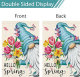 Hello Spring Gnome Garden Flag 28x40 Double Sided Burlap Butterfly Floral Yard Banner for Summer Rustic Seasonal Outside Outdoor House Decoration (ONLY FLAG)