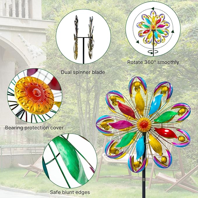 Wind Spinners Outdoor, 84" Large Metal Kinetic Wind Sculptures for Garden, Colorful Yard Art with 2 Piece Welcome Flag Decoration