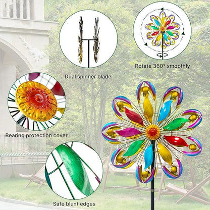 Wind Spinners Outdoor, 84" Large Metal Kinetic Wind Sculptures for Garden, Colorful Yard Art with 2 Piece Welcome Flag Decoration