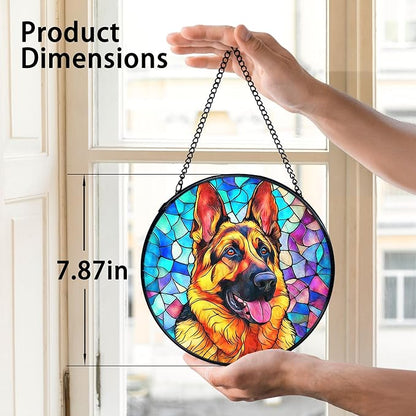 TNUW German Shepherd Dog Stained Glass Window Hanging, German Shepherd Gifts Sun Catchers Indoor Window Glass Round Wall Art Decor, Dog Wall Hanging Decorations, 7.9＂x7.9＂