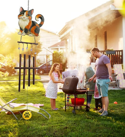 CoTa Global Calico Cat Wind Chime - Pet-Themed Metal Hanging Decor with Copper-Tone Tubes and Beaded Accents, Indoor Outdoor Porch Patio Garden Decoration - 34 Inches