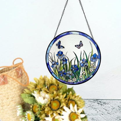 Butterflies and Blue Iris Stained Glass Suncatcher, Handmade Window Hanging Wall Art with Chain, Real Glass Indoor Home Decor, Unique Sun Catcher Gift for Women, Christmas, 5.9”