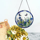 Blue Irises and Butterflies Stained Glass Suncatcher, Handmade Window Hanging Wall Art with Chain, Real Glass Indoor Home Decor, Unique Sun Catcher Gift for Women, Christmas, 7.8”
