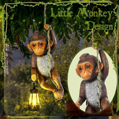 Rossesay Solar Light Outdoor Monkey Statues Brown 13.78 Inch Resin Chimpanzee Baby Monkey Climbing on Vine with LED Lantern Waterproof Hanging Figurine with Hook for Yard Garden Wall