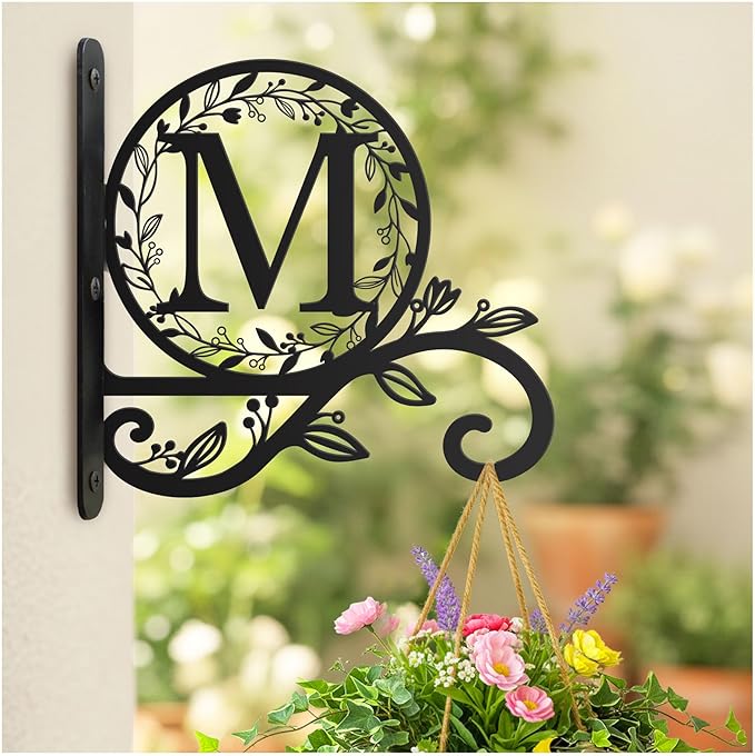 Metal Initial Letter M Plant Hanger Bracket, Decorative Wall Mount Hanging Plant Hook, Monogram Floral Leaf Garden Decor for Hanging Baskets, Bird Feeders, Lanterns, Wind Chimes