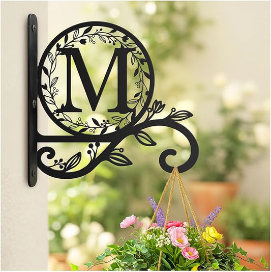 Metal Initial Letter M Plant Hanger Bracket, Decorative Wall Mount Hanging Plant Hook, Monogram Floral Leaf Garden Decor for Hanging Baskets, Bird Feeders, Lanterns, Wind Chimes