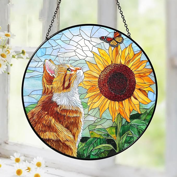 Orange Cat Stained Glass Suncatcher Orange Cat Lovers Gifts Window Hanging Garden Decor, Sunflower Memorial Pet Loss Sympathy Gift Christmas Birthday for Grandma, Friends, Mom, Women
