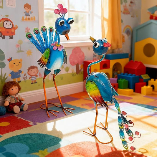 22.5" Metal Peacock Garden Statues Set of 2, Whimsical Hand-Painted Cartoon Birds, Blue & Rainbow Yard Art for Patio Lawn, Indoor Shelf Decor, Unique Gift for Women