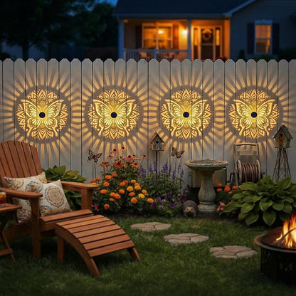 2 Pack Solar Fence Lights Metal Solar Powered Outdoor Wall Deck Step Lights Butterfly Mandala Theme Waterproof Fence Light for Garden Post Patio Backyard Yard Decor, Gardening Gifts for Women Mom