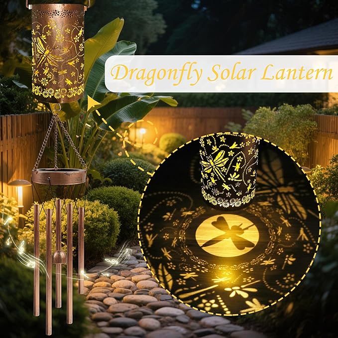 Dragonfly Solar Wind Chimes for Outside, Dragon Fly Gifts Solar Lantern Windchime, Garden Decorative Hanging Lights for Patio Porch Yard Lawn Decor