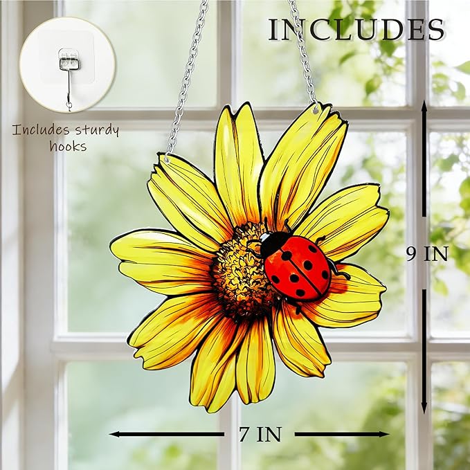 Sunflower and Ladybug Stained Glass, Sunflower Suncatcher for Window, Hanging Suncatcher for Grandma/Mom/Women