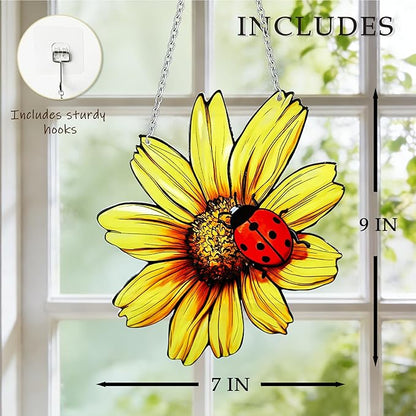 Sunflower and Ladybug Stained Glass, Sunflower Suncatcher for Window, Hanging Suncatcher for Grandma/Mom/Women