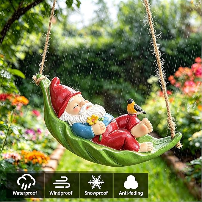 Gnome Garden Deko Outdoor Statues, Bird Flowers Resin Hanging Tree Gnomes Decorations Ornaments Figurines for Outside Backyard Art Decor