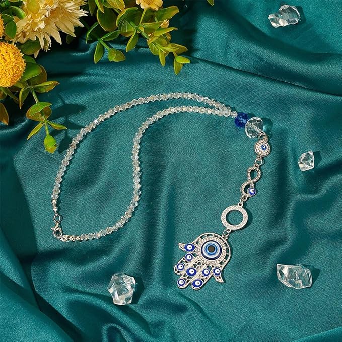 Evil Eye Car Hanging Ornament Metal Hand of Evil Eye Charm Pendant Beaded Decor Good Luck Suncatcher Pendant for Keychain Car Rearview Mirror Window Car Door Frame Balcony