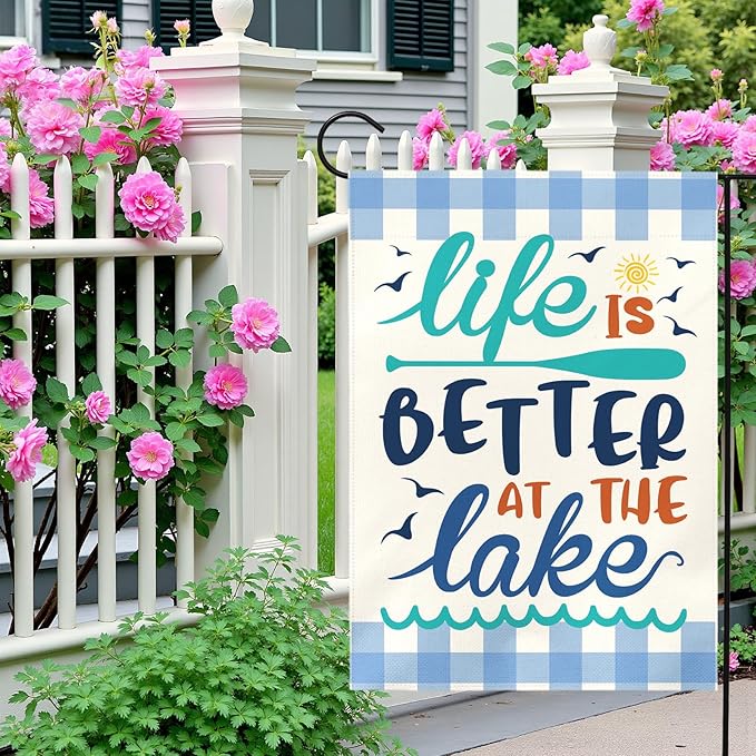 Life Is Better at the Lake Garden Flag Lake House Yard Flags Summer Coastal Cabin Dock Porch Patio Welcome House Banner Rustic Farmhouse Lakefront Home Outside Decoration 12x18 Inch