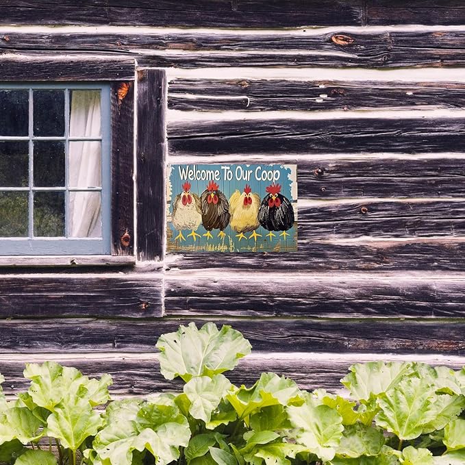 Chicken-Sign Metal-Sign Wall-Art Décor-Yard, Welcome to Our Coop, Farm Plaque Garden Sign Outdoor Coop Décor for Home Fence 8 X 12 Inches