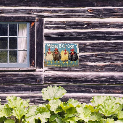 Chicken-Sign Metal-Sign Wall-Art Décor-Yard, Welcome to Our Coop, Farm Plaque Garden Sign Outdoor Coop Décor for Home Fence 8 X 12 Inches