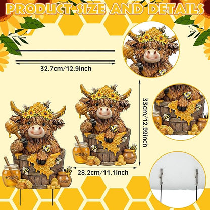 Amyhill Bee Highland Cow Outdoor Decor Honeybee Cow Metal Garden Stakes Decorative Rustic Bee Calf Lovers Yard Signs with Stakes for Farmhouse Spring Garden Lawn Outdoor Decorations