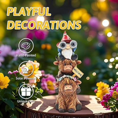 Garden Gnomes Outdoor Statue: 11'' Highland Cow Decor with Welcome Sign Funny Triple Yard Decorations with Solar Light Unique Birthday Gifts for Women Mother Grandma