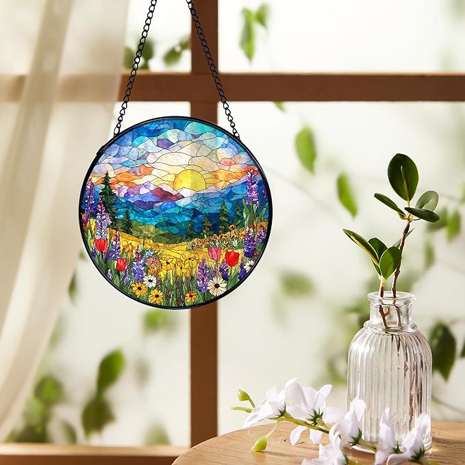 Spring Wildflower Landscape Suncatchers Stained Glass Window Hanging, Cottagecore Flower Sun Catchers Indoor Window Glass Round Wall Decor, Floral Wall Hanging Decorations, 7.9x7.9in