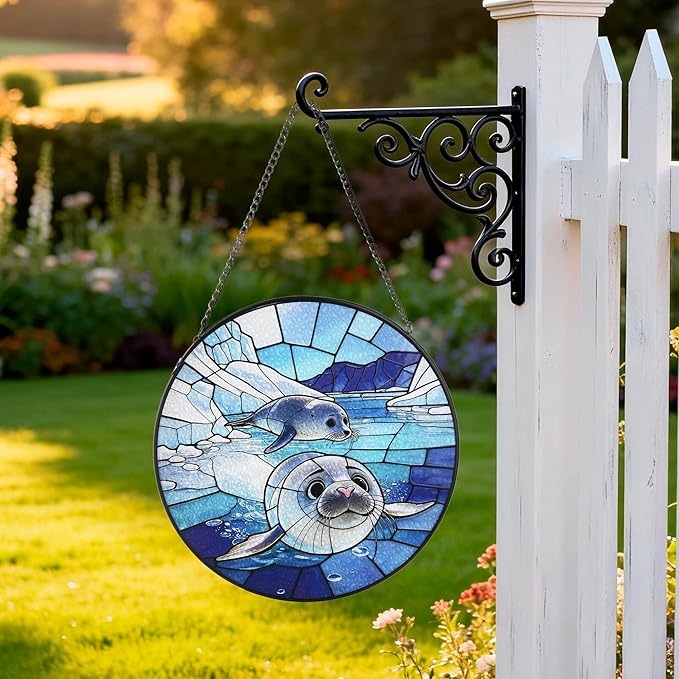 Stained Glass Window Hanging, Seal Circular Painted Glass Suncatcher with Chain & Suction Cup for Home Garden Door Decor, Birthday for Women Men Mom 7.8 in