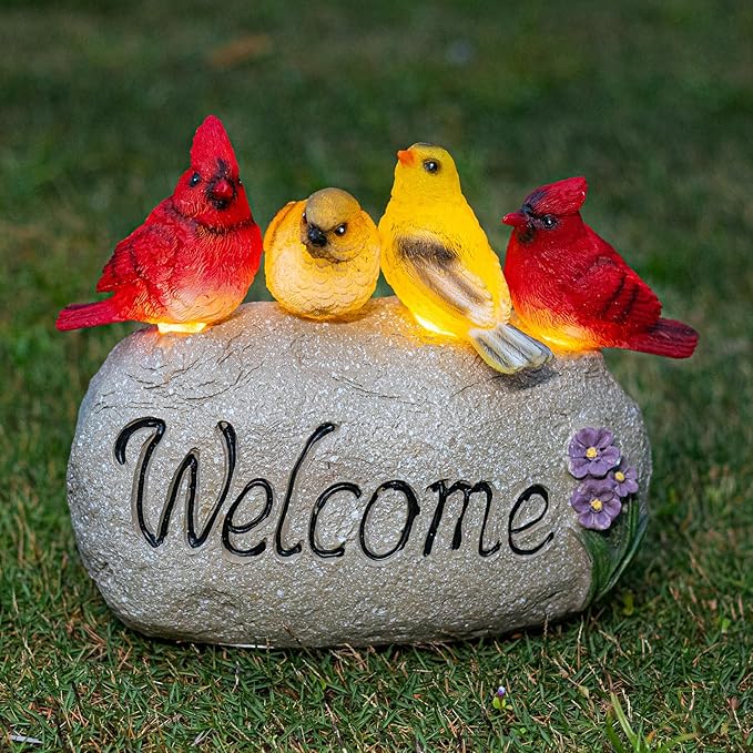 Solar Garden Statues Outdoor Decor, Welcome Sign Garden Sculptures Statue Novelty Birds Figurine Decoration for Patio Yard Porch Art Home Decor