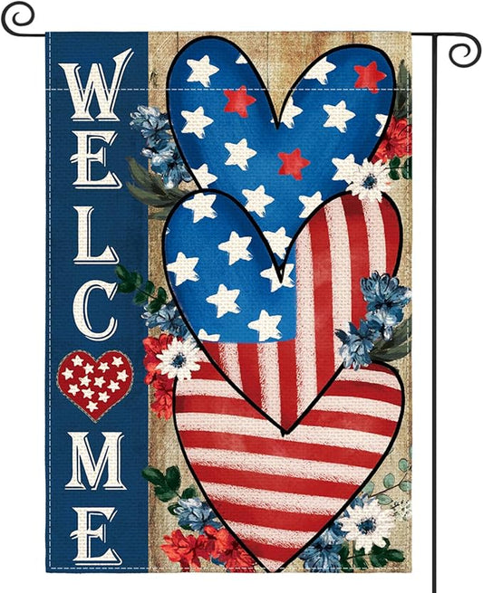 AVOIN colorlife Patriotic 4th of July Welcome Garden Flag 12x18 Inch Double Sided, Memorial Day American Stars and Stripes Love Heart Yard Outdoor Decoration