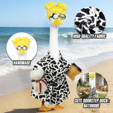 Lady Porch Goose Outfits,Bathrobe Porch Goose Statue Costume with Curlers Reading Glasses Coffee Cup Towel,Cute Goose Clothes for 23-Inch Cement Statue,Lawn Yard Garden Patio Decor（Cow Print）