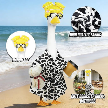 Lady Porch Goose Outfits,Bathrobe Porch Goose Statue Costume with Curlers Reading Glasses Coffee Cup Towel,Cute Goose Clothes for 23-Inch Cement Statue,Lawn Yard Garden Patio Decor（Cow Print）