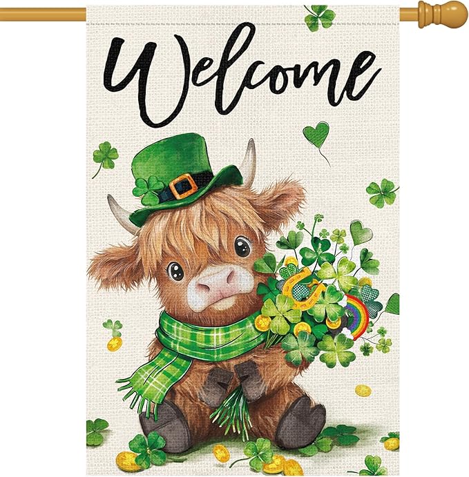 Heyfibro Welcome St. Patrick's Day Garden Flag 28x40 Double Sided Burlap, Highland Cow with Shamrock Bouquet & Green Plaid Scarf Yard Flag for Spring Seasonal Irish Farmhouse Outdoor Decor(ONLY FLAG)