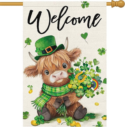 Heyfibro Welcome St. Patrick's Day Garden Flag 28x40 Double Sided Burlap, Highland Cow with Shamrock Bouquet & Green Plaid Scarf Yard Flag for Spring Seasonal Irish Farmhouse Outdoor Decor(ONLY FLAG)