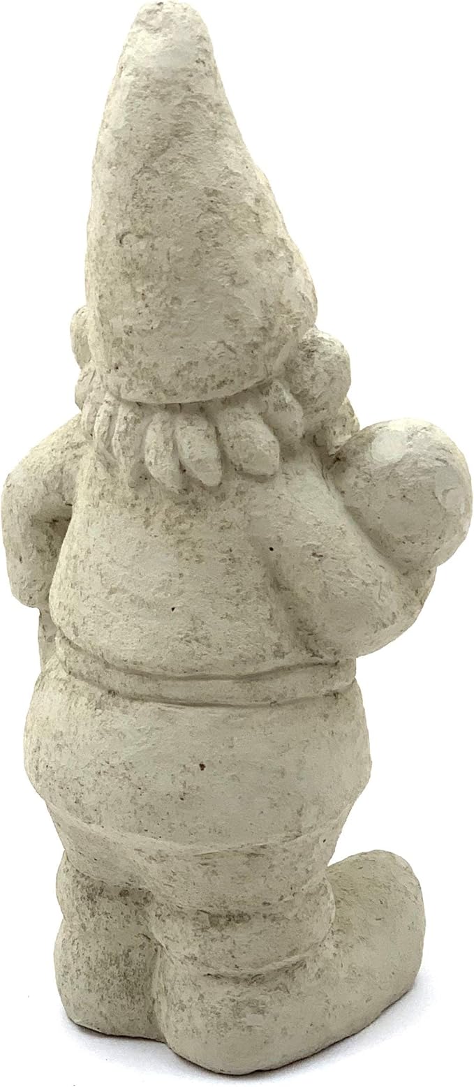 Garden Gnome with Shroom: Solid Durable Stone Statue with Vintage Texture. Sealed for Outdoors. Handcrafted USA. (Classic/White)