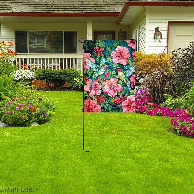Spring Summer Garden Flag 12 x 18 Inch Double Sided, Colorful Hummingbird Floral Yard Flag Small Outdoor Decorative Flag for Garden Patio Lawn Decor