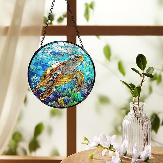 Coastal Beach Sea Turtle Suncatchers Stained Glass Window Hanging, Sea Turtle Decor Sun Catchers Indoor Window Glass Round Wall Decor, Ocean Beachy Wall Hanging Decorations, 7.9x7.9in