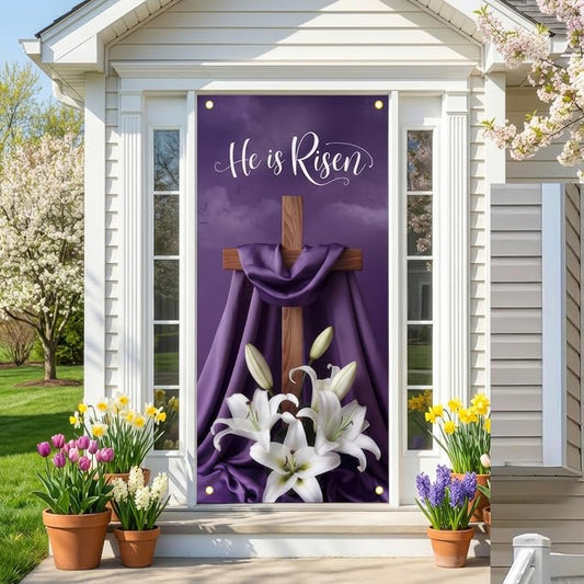 He Is Risen Easter Door Cover Decorations 35x71 Inch - Premium Religious Cross Church Banners with White Lilies, Purple Resurrection Sunday Decorative Porch Sign for Holy Week Home Outdoor Lent Decor