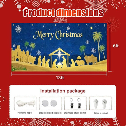 HOMETITUTE Christmas Garage Door Banner 13x6ft Gold Nativity Scene with Baby and Figures Blue Night Sky Green Palm Trees Gold Castle Holiday Outdoor Yard Decor Seasonal Party Backdrop