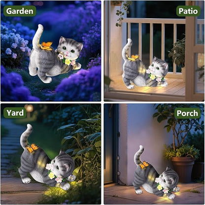 Solar Garden Statue Cat Figurine, Resin Solar Lights with Flower Decor for Outside, Yard Art Patio Balcony Lawn Decorations, Unique Gifts for Mom Grandma Women and Cat Lover (Black)