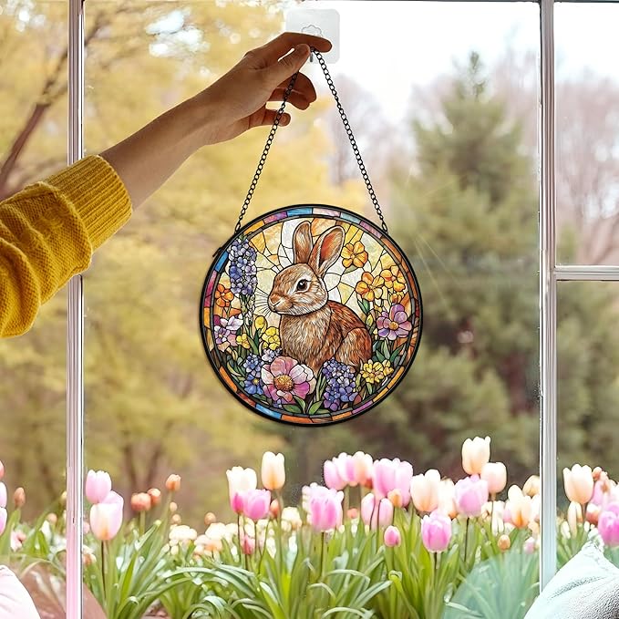 Spring Easter Bunny Rabbit Suncatcher Stained Glass Window Hanging Wall Decorations Decor, Easter Bunny Gifts for Women, Spring Floral Sun Catchers Garden Window Hanging Wall Art, 7.9x7.9Inch