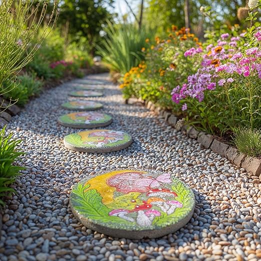 Hapjoy Stepping Stones Outdoor for Garden Moon Frog Mushroom Butterfly Decorative Stepping Stones Walkway Round Stone Garden Decor for Pathway Lawn (Green)