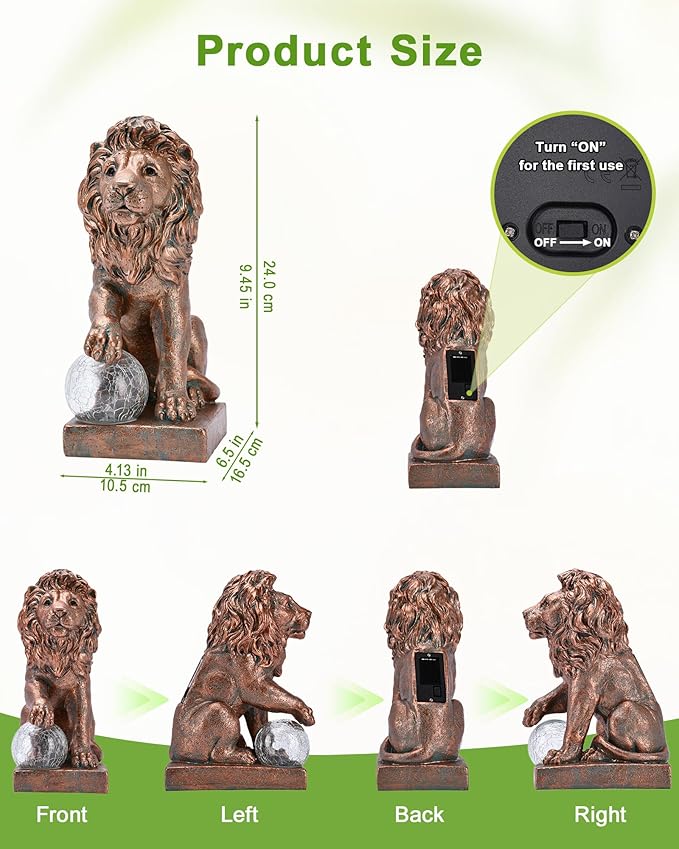 Nacome Guardian Lion Garden Decor: Outdoor Decoration Statue with Ball Lights for Yard Art Porch Patio Balcony - Unique Birthday Choice for Women Mom Lover - 9.45in (Copper)