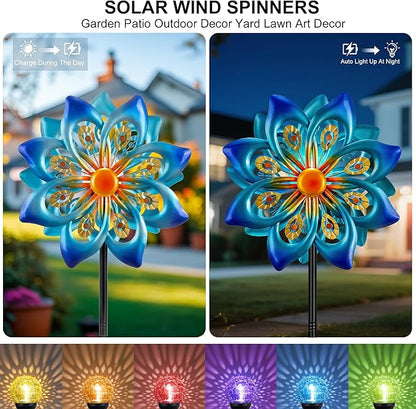 Solar Wind Spinners Outdoor - H60xW13 Metal Yard Art Kinetic Wind Spinners with Colorful LED Crackle Ball, Peacock-Style Windmill for Yard Lawn Garden Decor, Gardening Gifts for Women