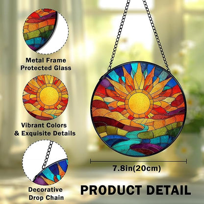 Sunshine Suncatcher Stained Glass Window Hanging, Nature Sunset Landscape Sun Catchers Indoor Window Glass Wall Art Decor, Sun Wall Hanging Decor Decorations, 7.9x7.9 Inch