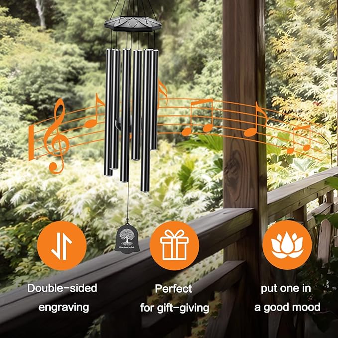 Wind Chimes for Outside - 6 Tubes 32" Wind Chimes for Loss of Loved One, Retirement & Outdoor Patio Yard Decoration, Retired Gift for Mom Women Grandma Neighbors Garden Décor Black