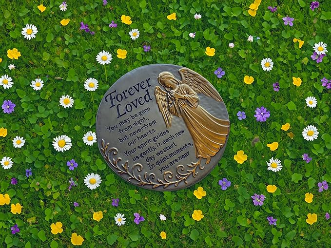 VEOJEIN Memorial Garden Stone, 9.45 Inch Round Stepping Stone with Angel Design, Outdoor Weather-Resistant Remembrance Decor