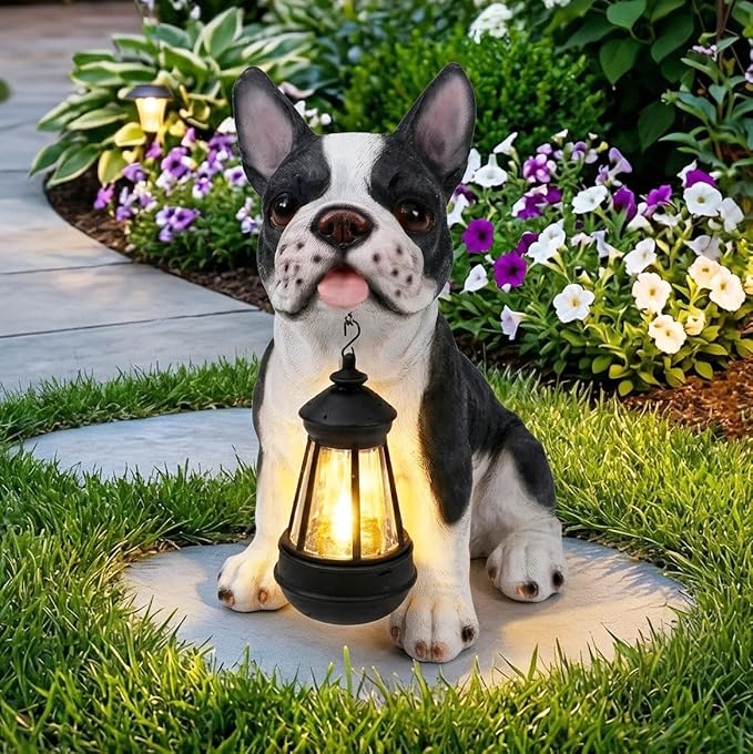 French Bulldog Statue with Solar Lantern & Double-Sided Sign, 10.6" Outdoor Dog Garden Sculpture, Waterproof Resin Frenchie Yard Art for Patio, Lawn, Porch Decoration, Gifts for Dog Lovers