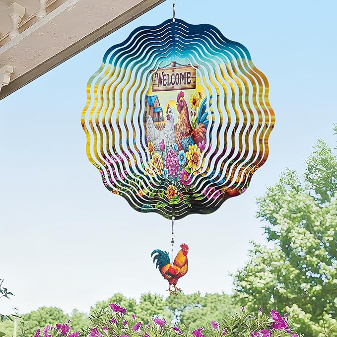 Farmhouse Rooster Wind Spinners Outdoor - Chicken Gifts for Women Mom Men Dad Grandpa, 3D Cute Wind Spinner for Yard Patio Ornament Garden Decor, 12 Inch Hanging Kinetic Metal Wind Sculpture