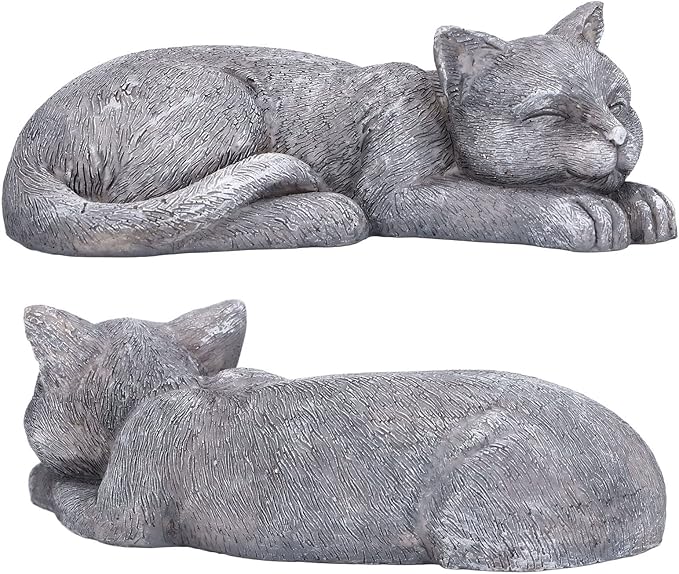 Hapivida Cat Garden Statue, 5.5in Mini Pet Garden Memorial Stone Sleeping Cat Statue Decor Outdoor Resin Realistics Sculptures Gift Grey